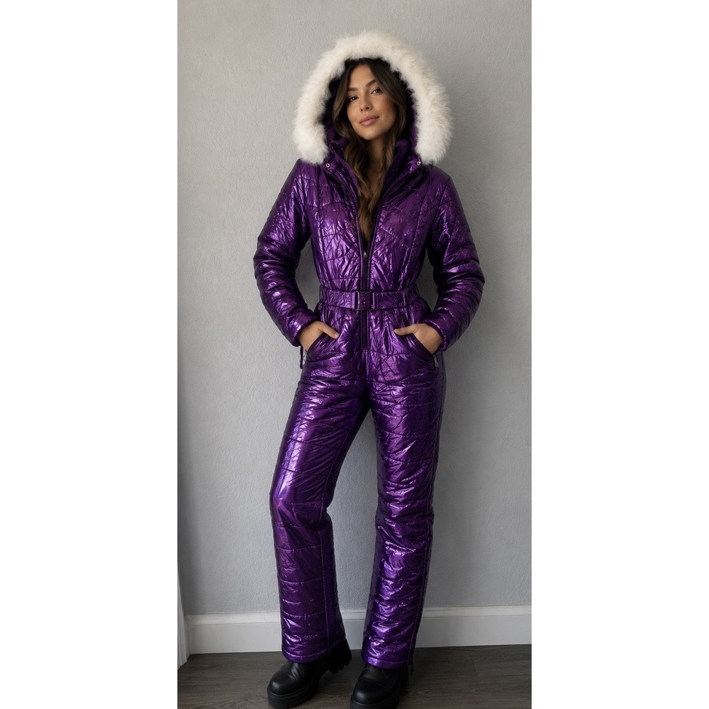 Women's Violet Waterproof Snow Suit Faux Fur Hood Size L NWOT Zip Legs Belt SS12